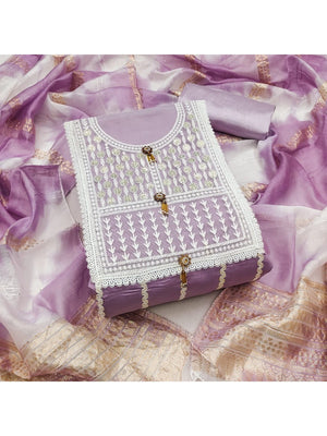 Elegant Lavender Roman Cotton Blend Dress Material With Thread Embroidery & Sequins Work - Image 1