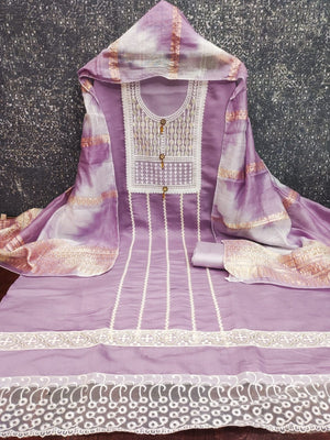 Elegant Lavender Roman Cotton Blend Dress Material With Thread Embroidery & Sequins Work - Image 2