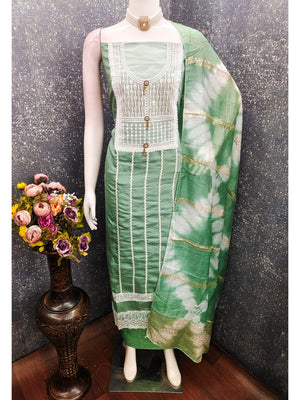 Elegant Green Roman Cotton Blend Dress Material With Thread Embroidery & Sequins Work - Image 2