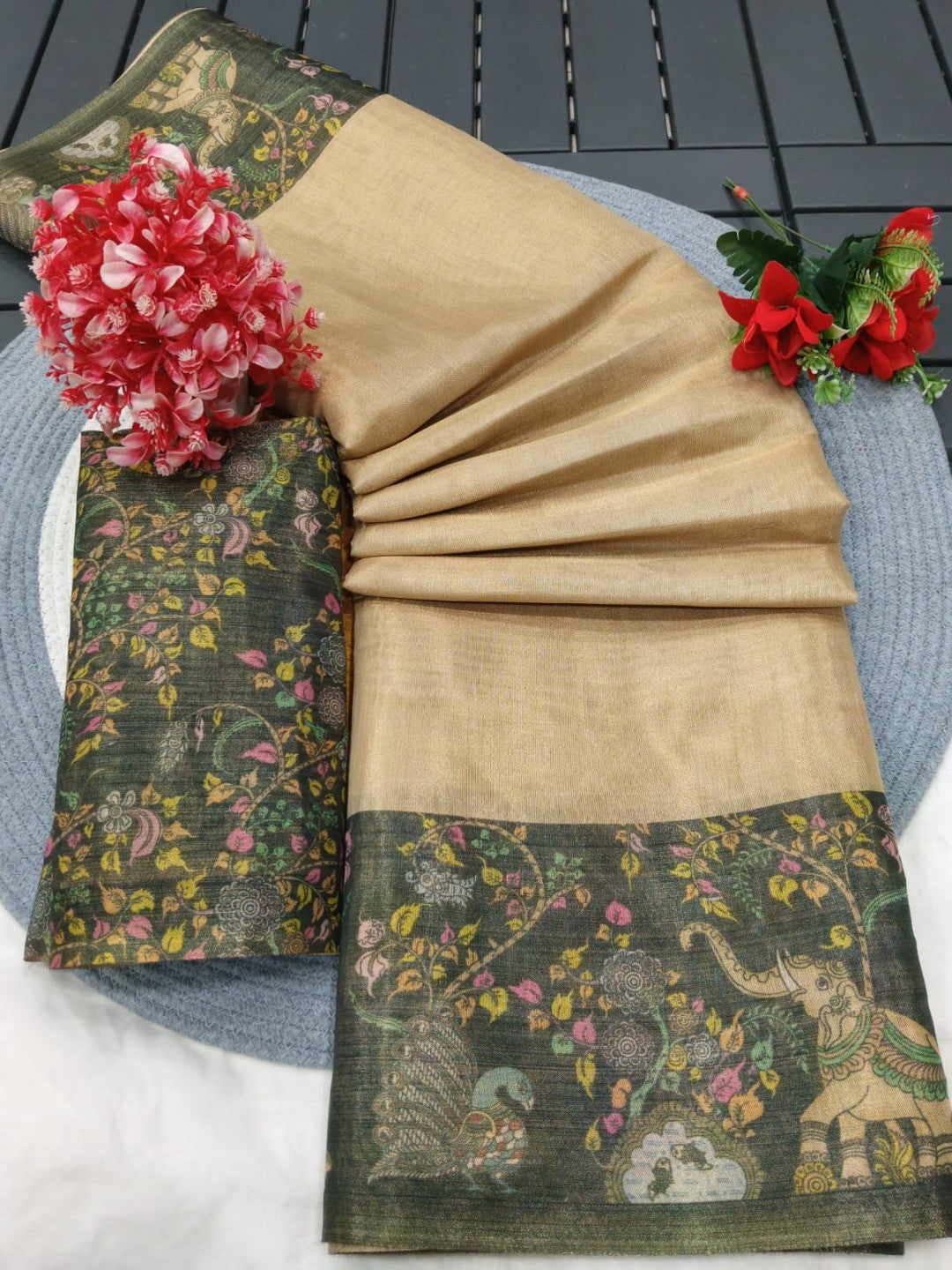 Elegant Chikoo Cotton Silk Saree with Floral Printed Border - Image 2