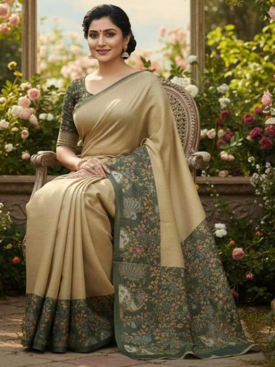 Elegant Chikoo Cotton Silk Saree with Floral Printed Border - Image 4