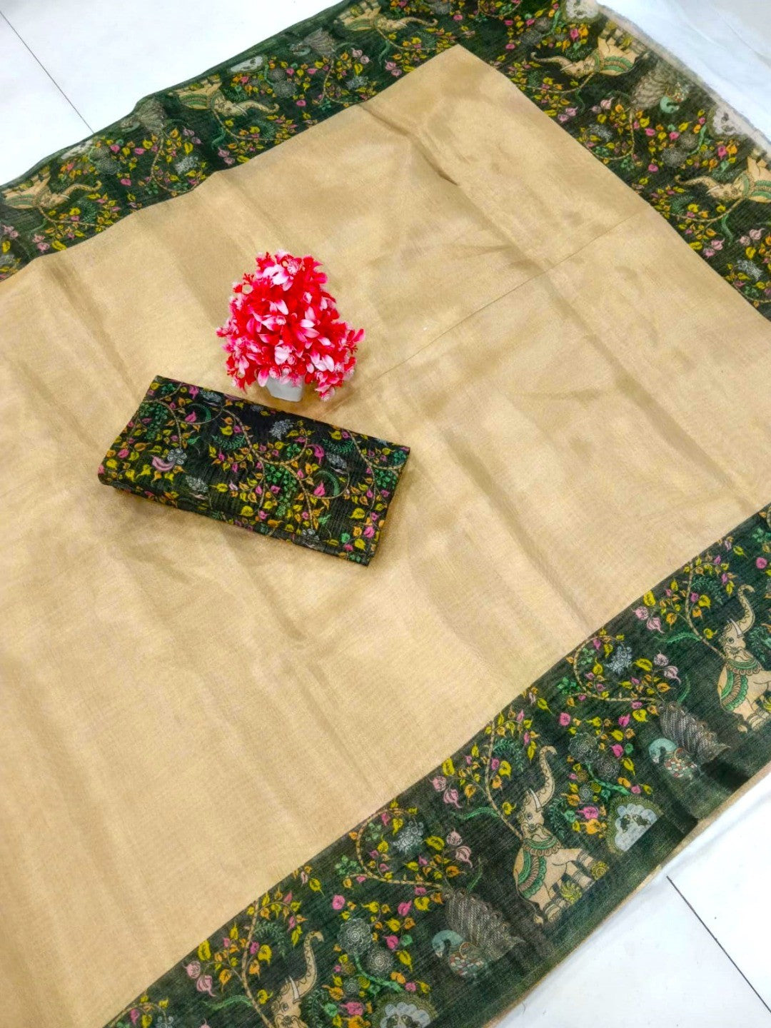 Elegant Chikoo Cotton Silk Saree with Floral Printed Border - Image 3