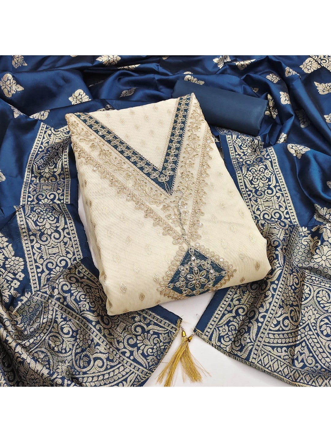 Sophisticated Cream Butti Weaving Shimmer Dress Material With Sequins Cording Embroidered Work - Image 4