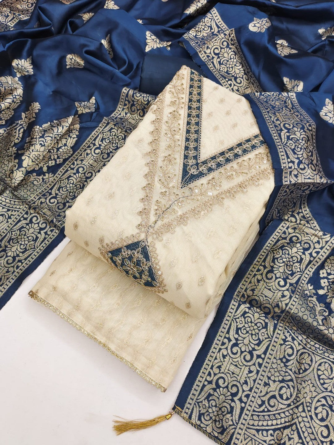 Sophisticated Cream Butti Weaving Shimmer Dress Material With Sequins Cording Embroidered Work - Image 6