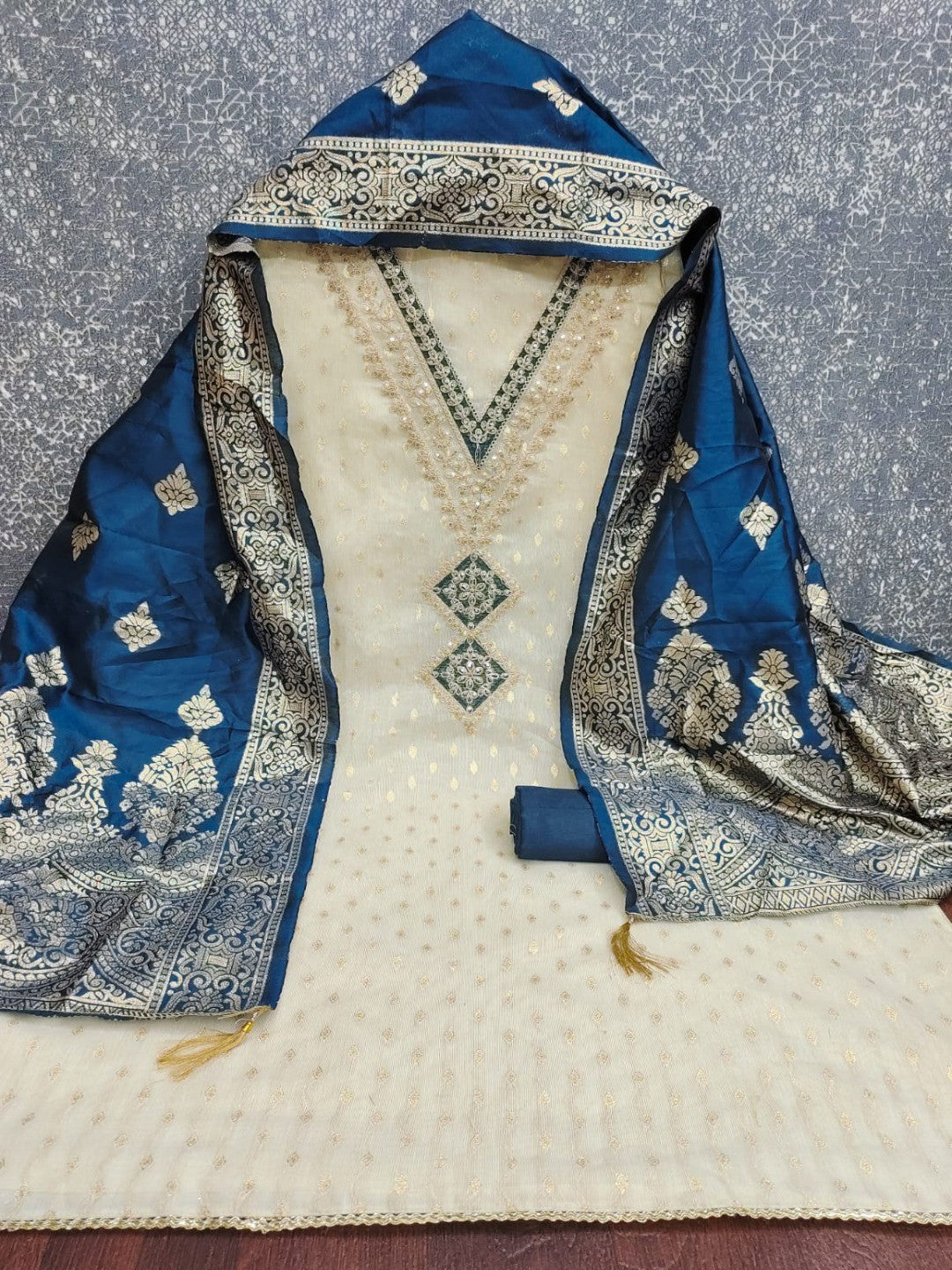 Sophisticated Cream Butti Weaving Shimmer Dress Material With Sequins Cording Embroidered Work - Image 3