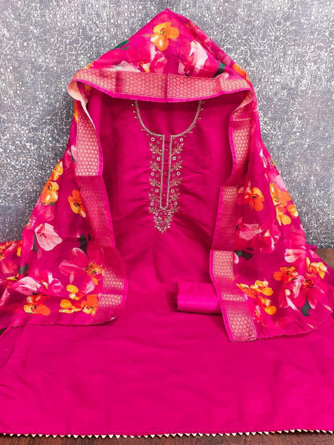 Stunning Rani Pink Moti & Beads Hand Embellished With Sequins Roman Art Silk Dress Material - Image 5