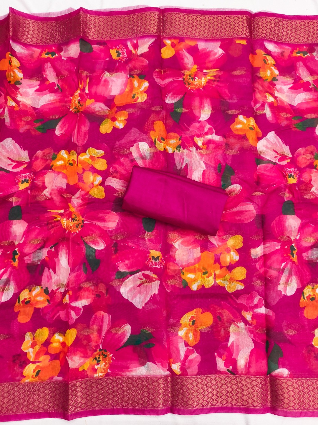 Stunning Rani Pink Moti & Beads Hand Embellished With Sequins Roman Art Silk Dress Material - Image 4