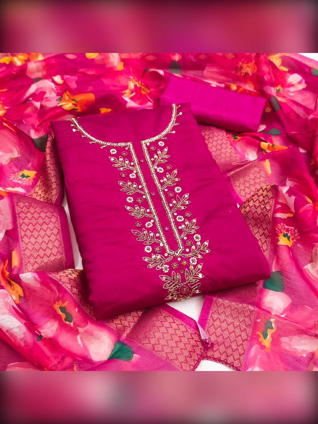 Stunning Rani Pink Moti & Beads Hand Embellished With Sequins Roman Art Silk Dress Material - Image 3