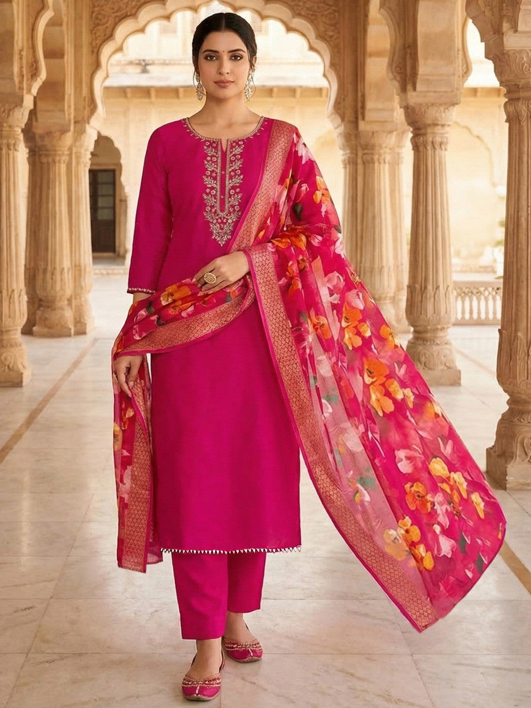 Stunning Rani Pink Moti & Beads Hand Embellished With Sequins Roman Art Silk Dress Material - Image 1