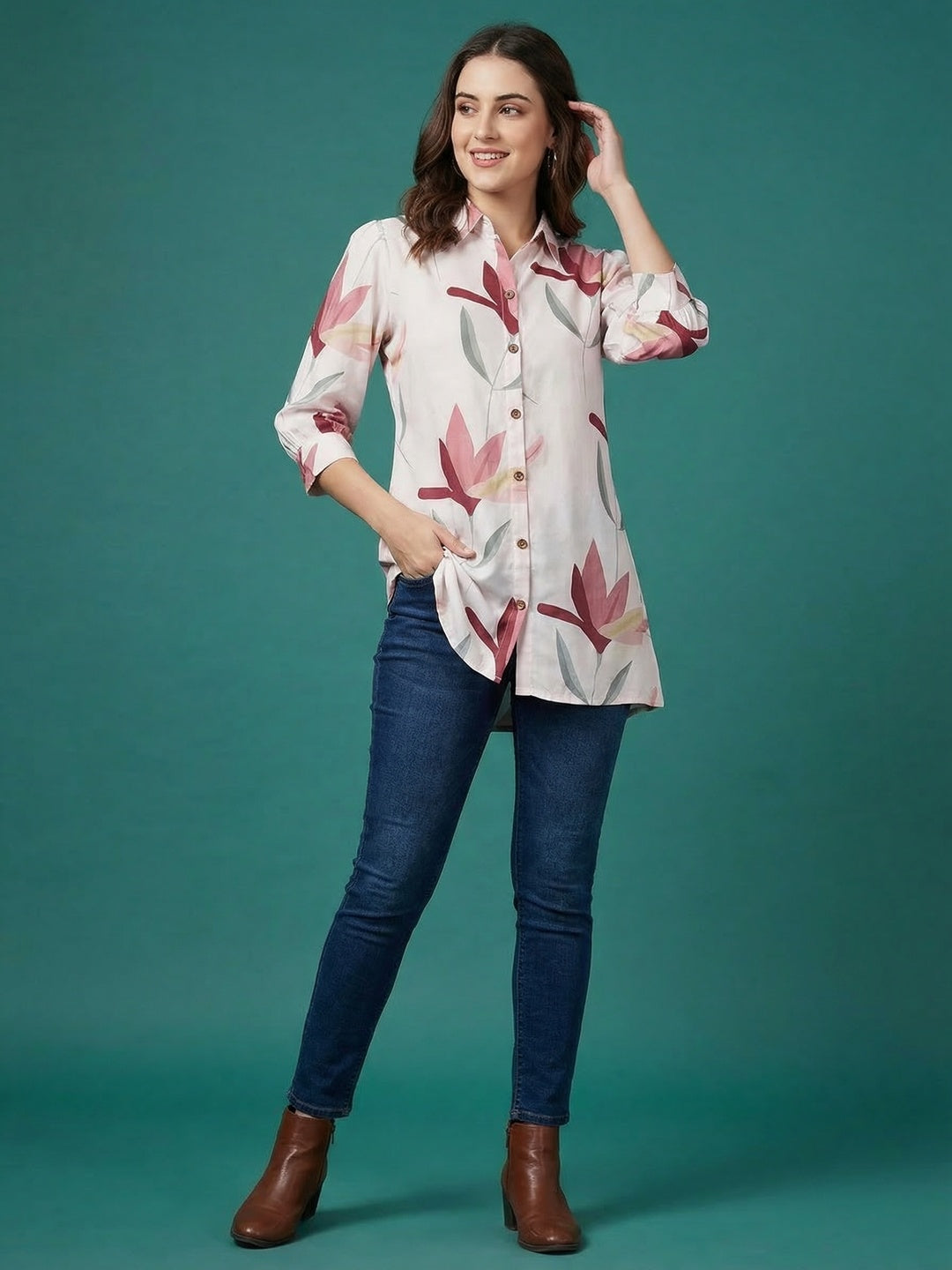 Trendy White Floral Printed Rayon A-Line Top with Flowy Silhouette - Image 3