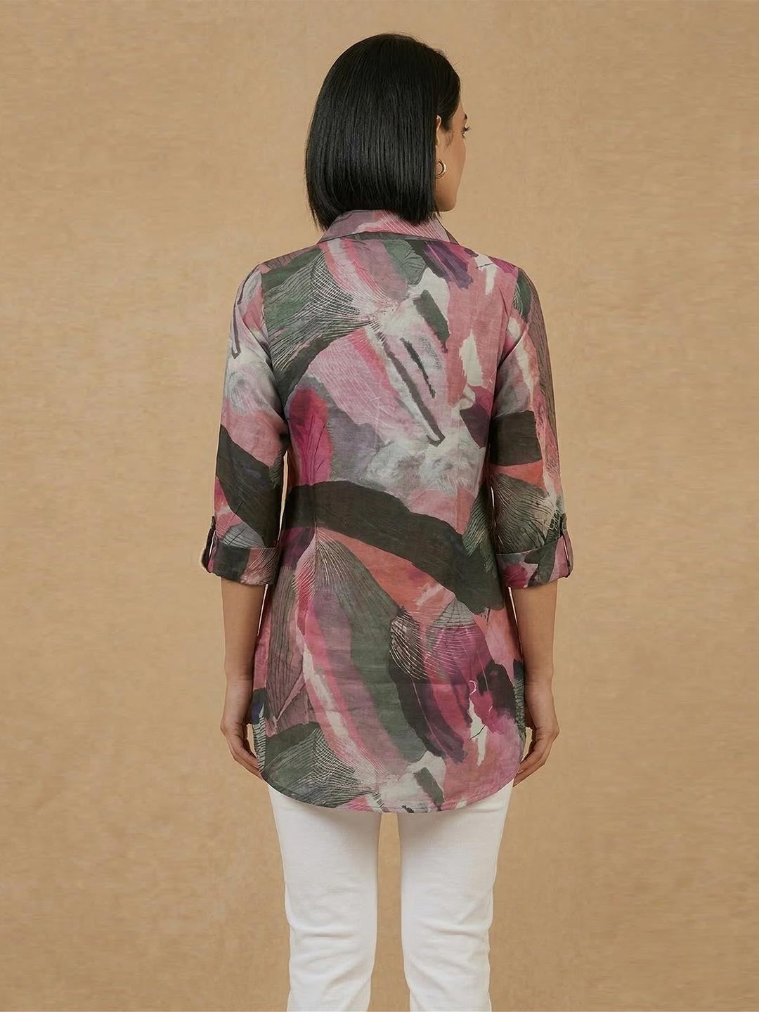 Multicolor Abstract Print Rayon Top with Roll-Up Sleeves - Image 3