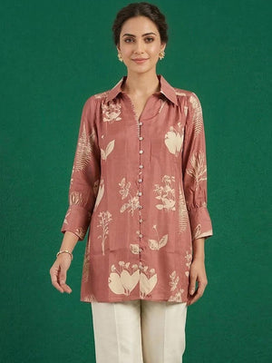 Elegant Pink Muslin Top with Floral Print and Collared Neck - Image 1