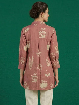 Elegant Pink Muslin Top with Floral Print and Collared Neck - Image 2