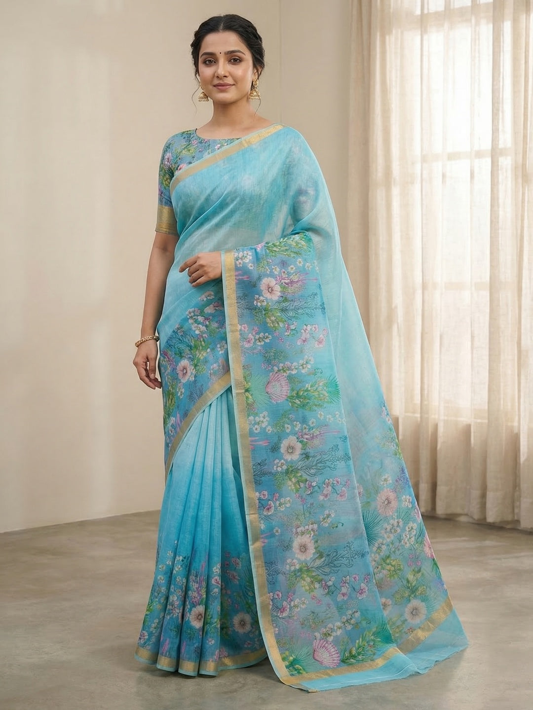 Elegant Blue Linen Cotton Saree with Floral Print and Zari Border - Image 1