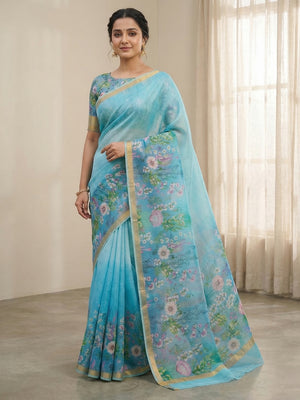 Elegant Blue Linen Cotton Saree with Floral Print and Zari Border - Image 1
