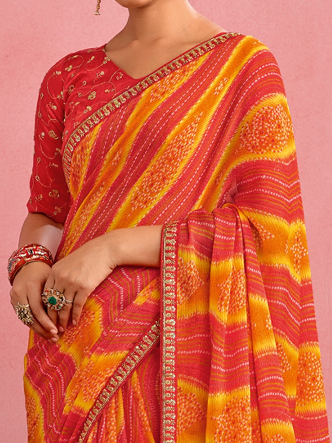 Elegant Red & Yellow Chiffon Saree with Bandhani Print and Embellished Border - Image 3