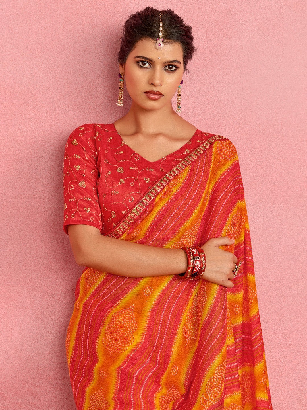 Elegant Red & Yellow Chiffon Saree with Bandhani Print and Embellished Border - Image 2