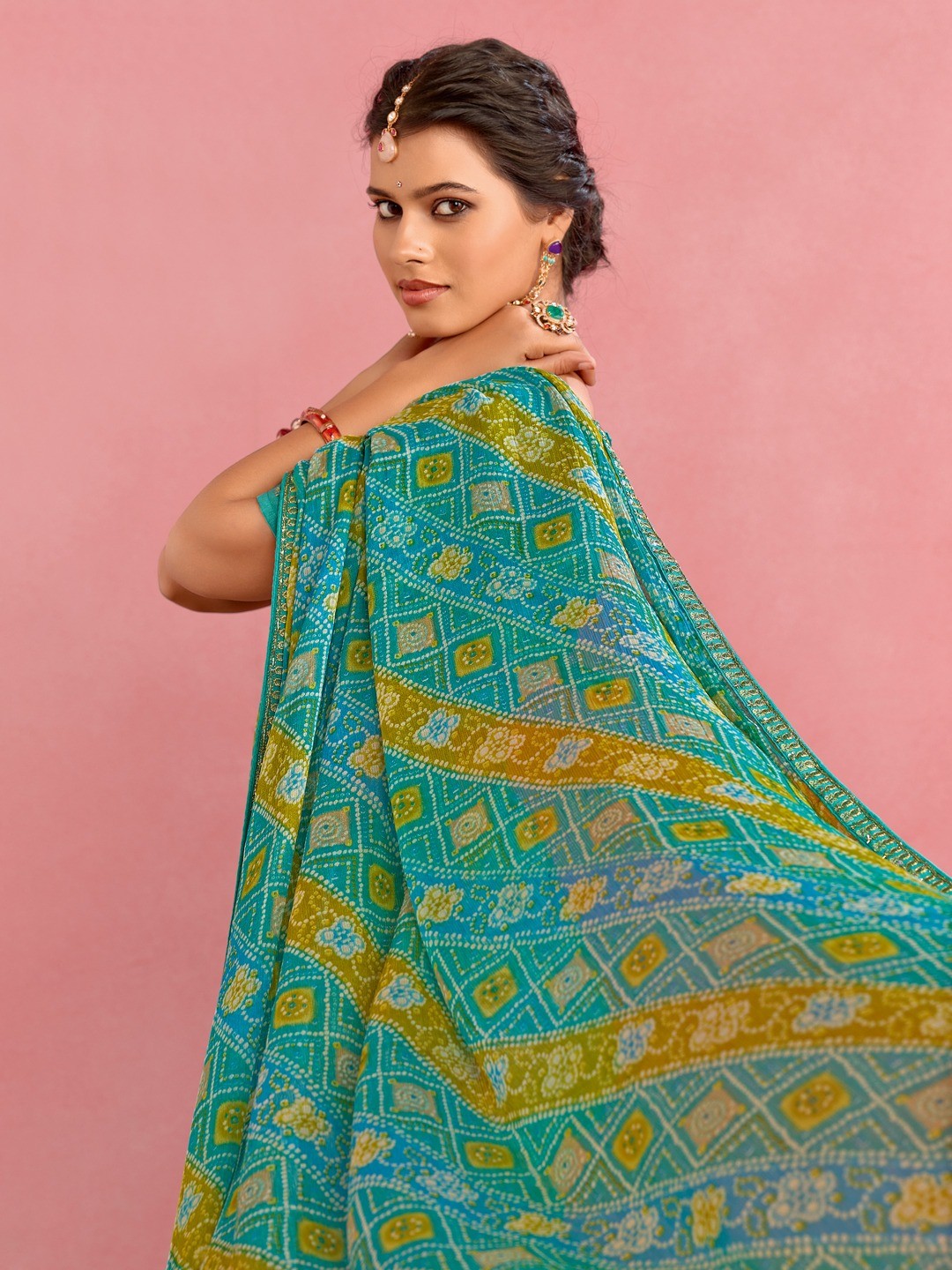 Elegant Turquoise Chiffon Saree with Bandhani Print and Embellished Border - Image 2
