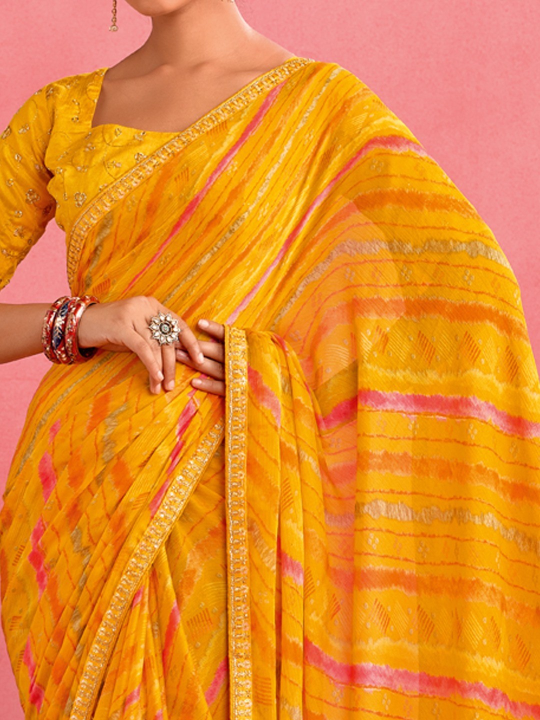 Elegant Yellow Chiffon Saree with Bandhani Print and Embellished Border - Image 3