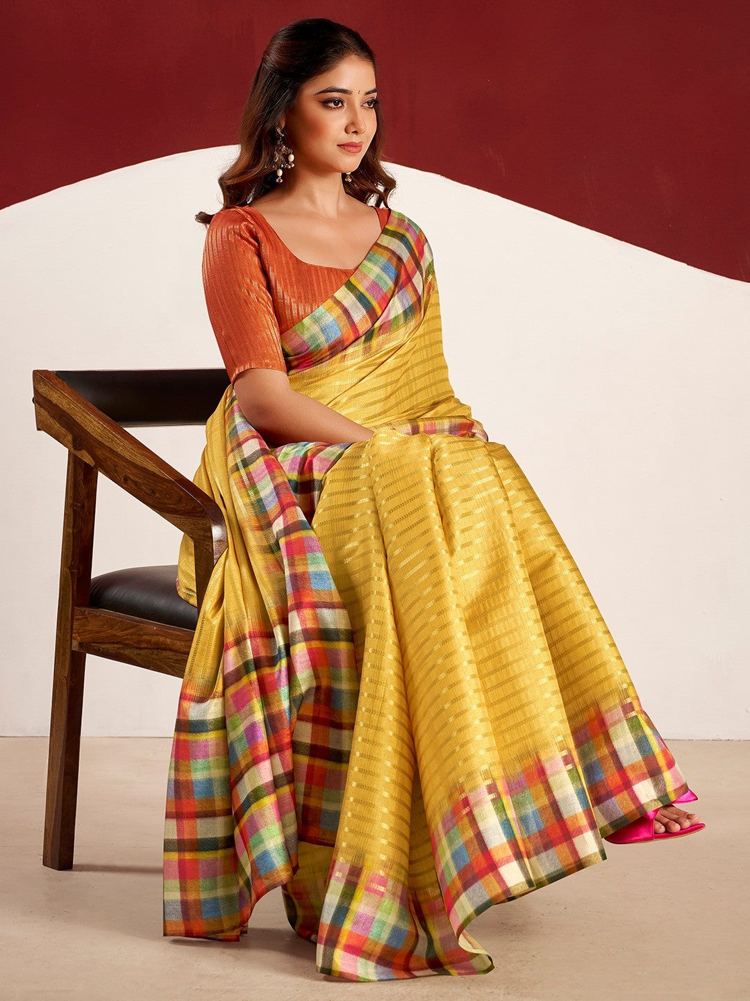 Sophisticated Yellow Tussar Silk Saree With Rich Golden Zari Weaving Stripes - Image 2