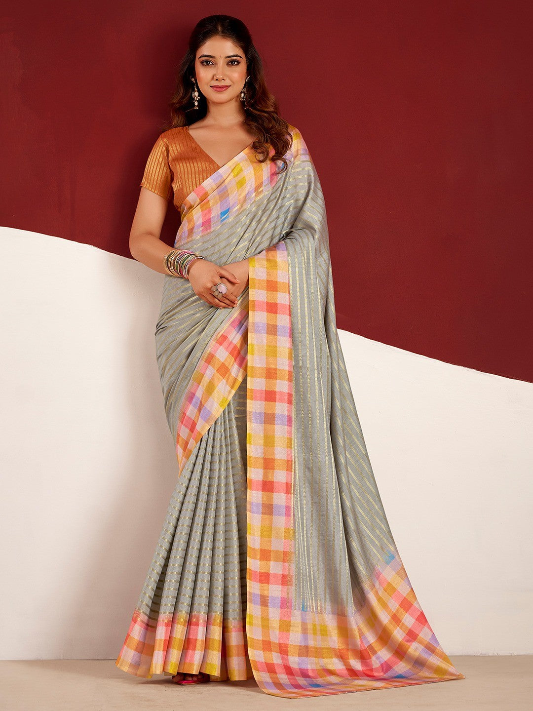 Sophisticated Grey Tussar Silk Saree With Rich Golden Zari Weaving Stripes - Image 1