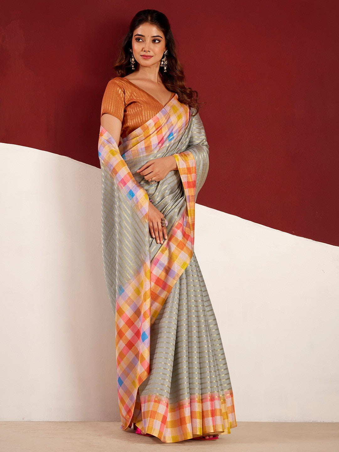 Sophisticated Grey Tussar Silk Saree With Rich Golden Zari Weaving Stripes - Image 3