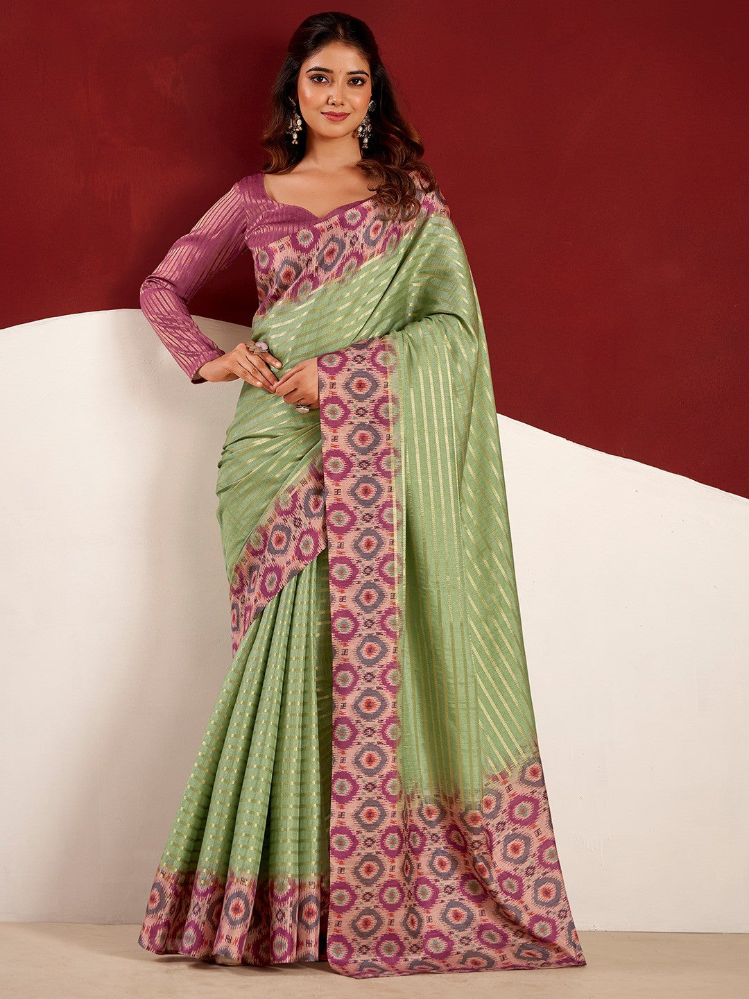 Sophisticated Green Tussar Silk Saree With Rich Golden Zari Weaving Stripes - Image 1