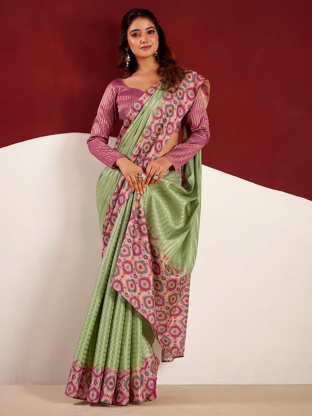 Sophisticated Green Tussar Silk Saree With Rich Golden Zari Weaving Stripes - Image 3