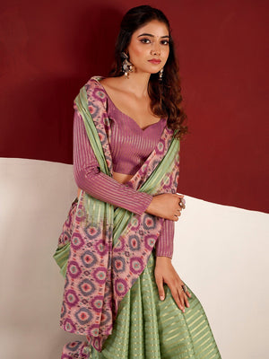 Sophisticated Green Tussar Silk Saree With Rich Golden Zari Weaving Stripes - Image 2