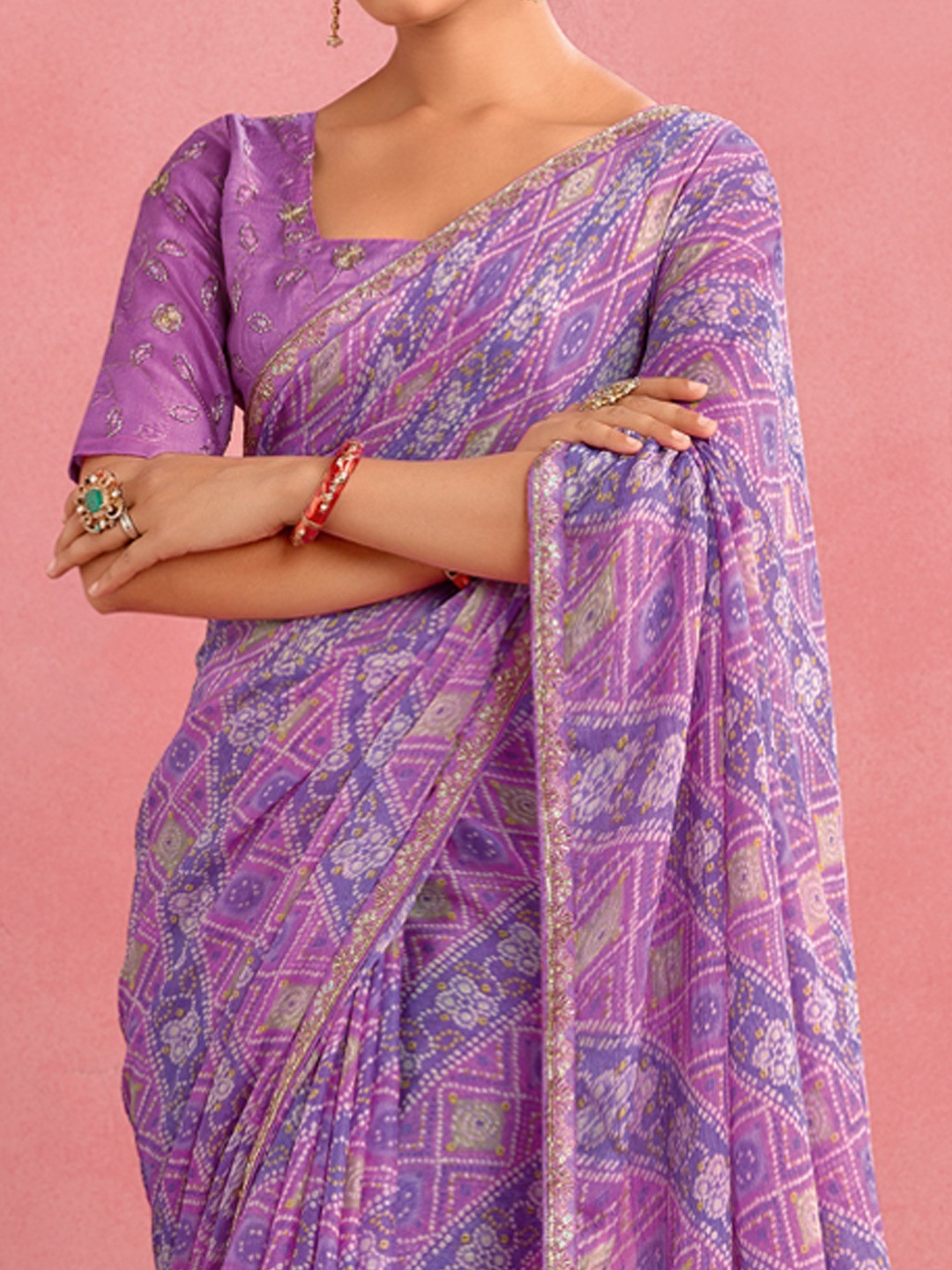 Elegant Purple Chiffon Saree with Bandhani Print and Embellished Border - Image 2
