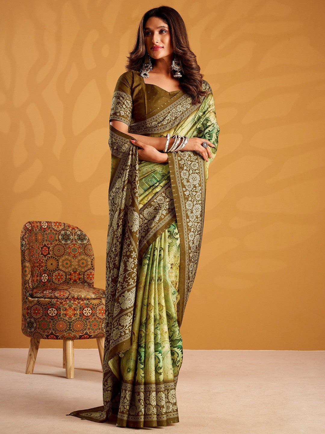 Charming Mehendi Green Tussar Silk Saree Adorned With Floral Digital Print Design - Image 4
