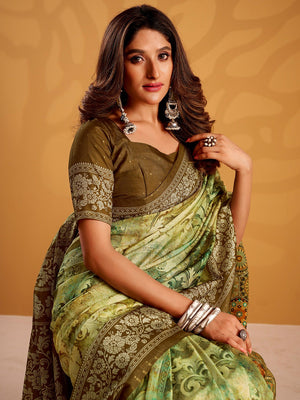 Charming Mehendi Green Tussar Silk Saree Adorned With Floral Digital Print Design - Image 2