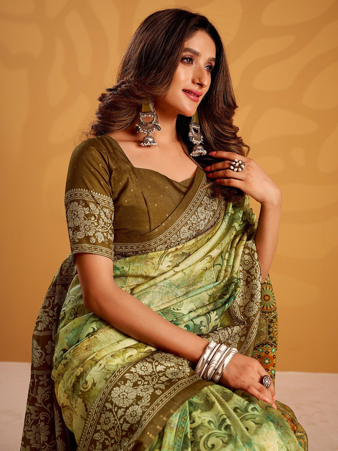 Charming Mehendi Green Tussar Silk Saree Adorned With Floral Digital Print Design - Image 2