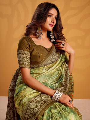 Charming Mehendi Green Tussar Silk Saree Adorned With Floral Digital Print Design - Image 2