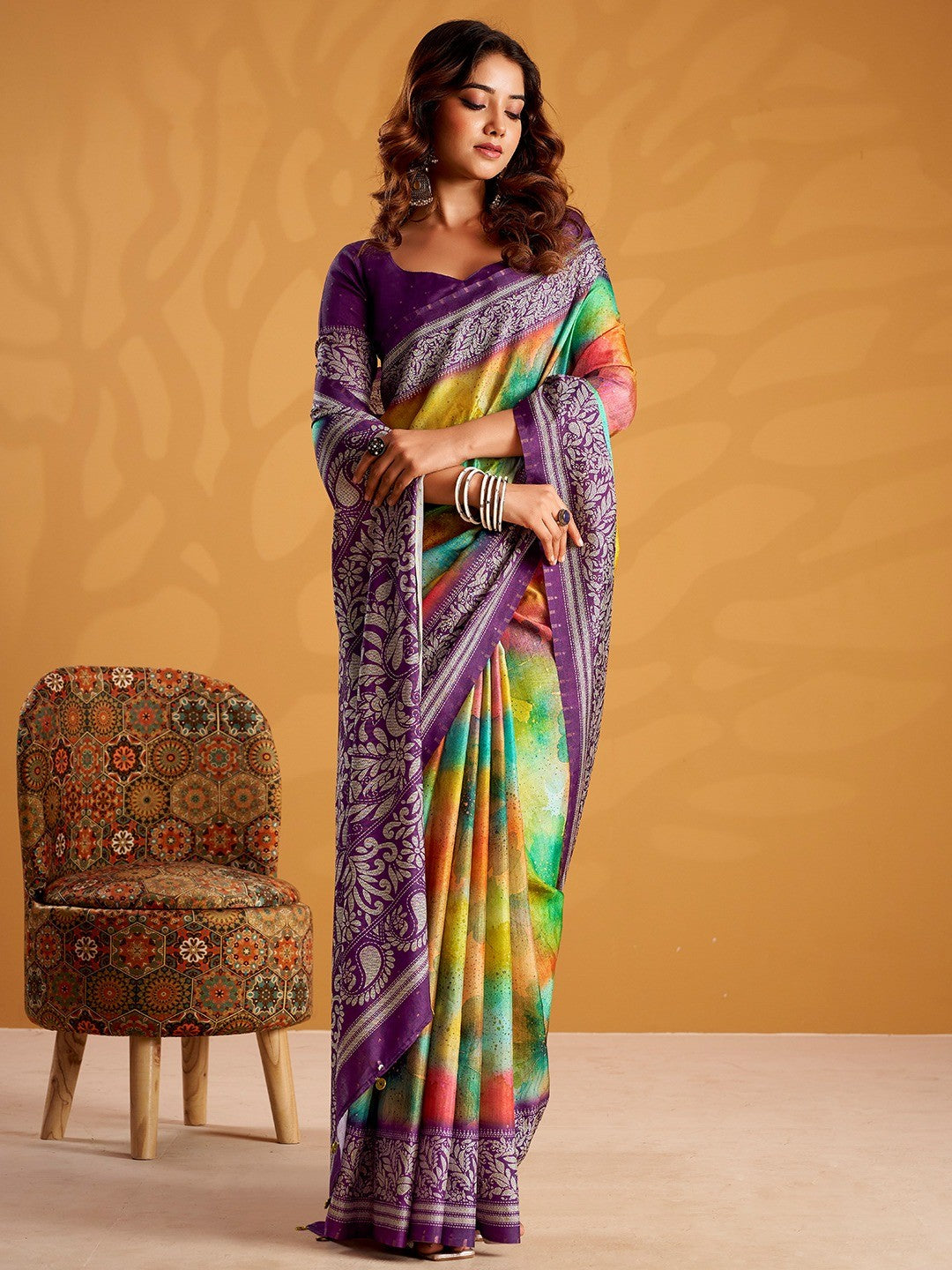 Charming Multicolor Tussar Silk Saree Adorned With Digital Print Design - Image 4