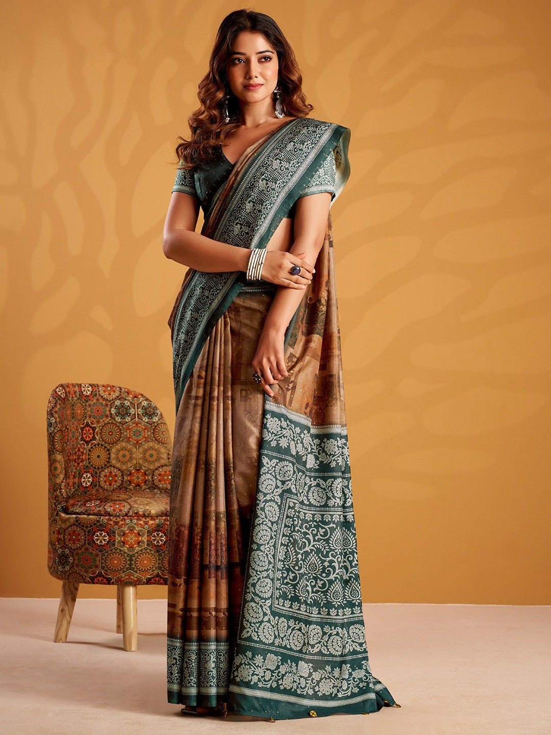 Charming Brown Tussar Silk Saree Adorned With Floral Digital Print Design - Image 4
