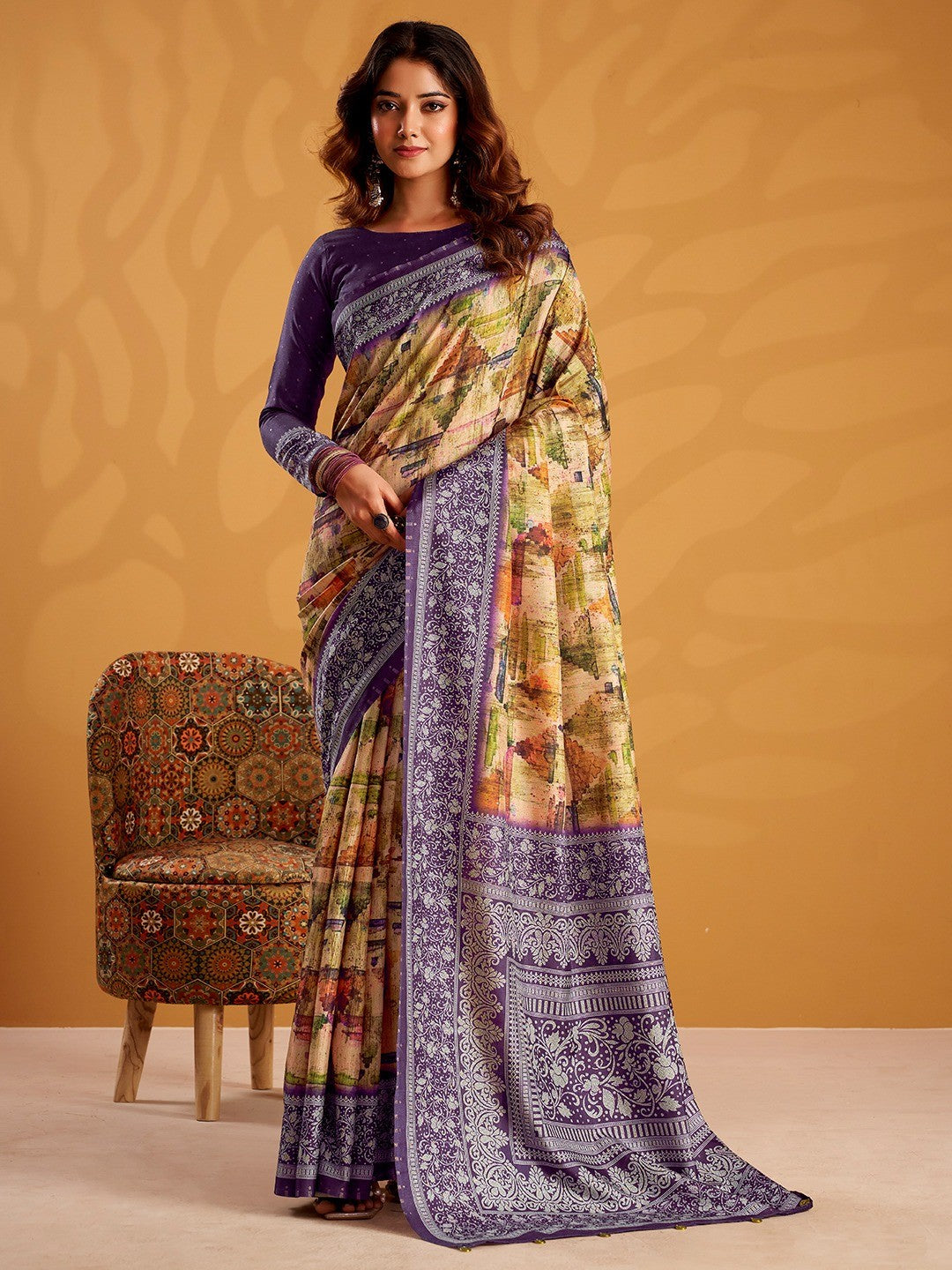 Graceful Multicolor Tussar Silk Saree Adorned with Artistic Floral Digital Print - Image 1