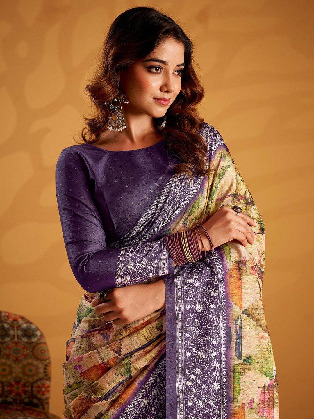 Graceful Multicolor Tussar Silk Saree Adorned with Artistic Floral Digital Print - Image 3