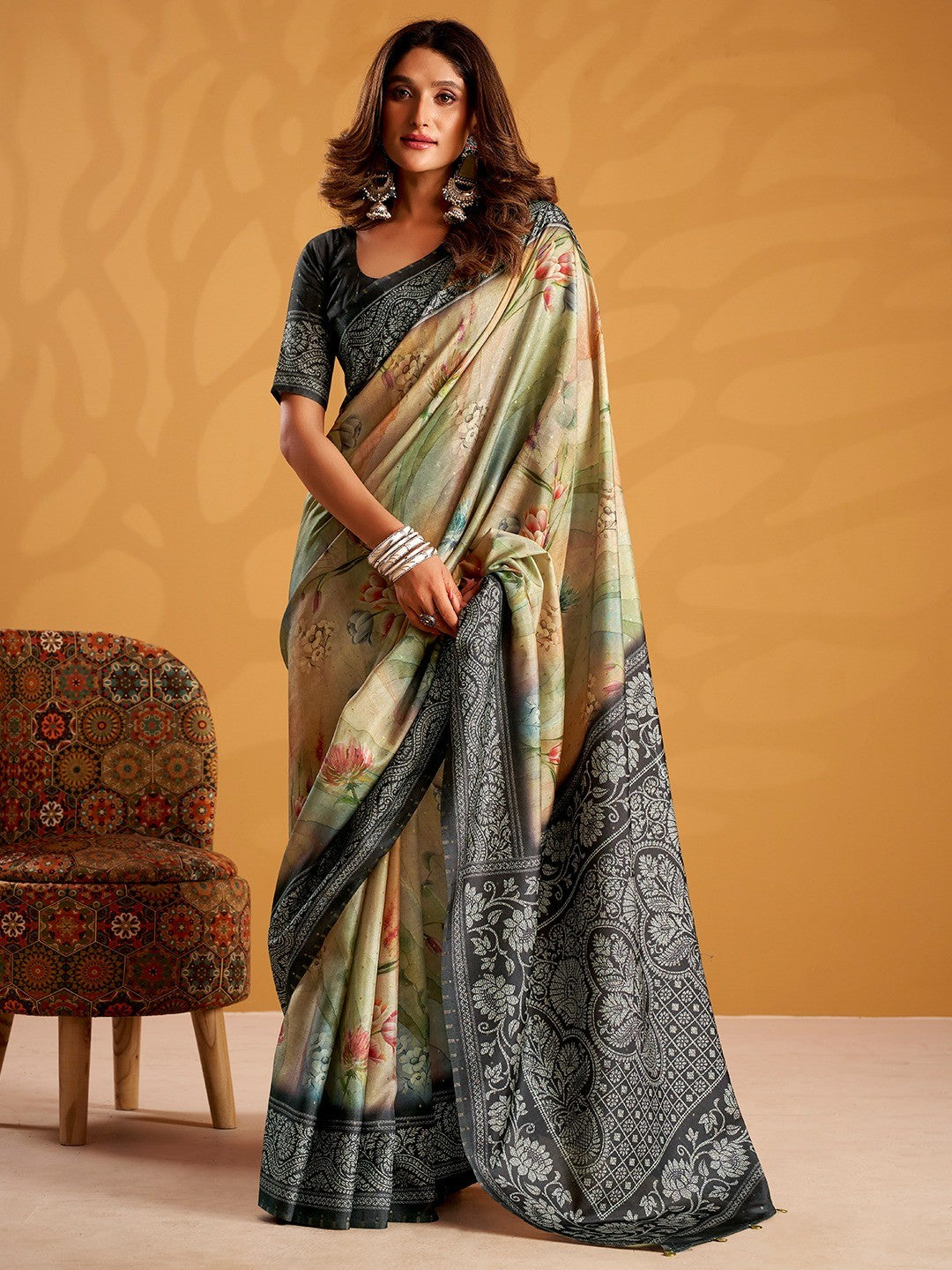 Premium Multicolor Tussar Silk Saree Featuring Stunning Floral Digital Print Work - Image 1