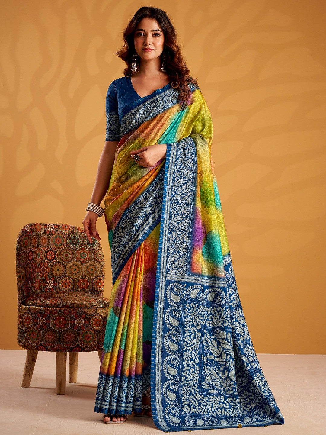 Trendy Multicolor Tussar Silk Saree with Eye-Catching Paisley Digital Print Pattern - Image 1