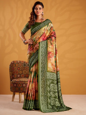 Classic Multicolor Tussar Silk Saree Highlighted by Detailed Floral Digital Print Design - Image 1