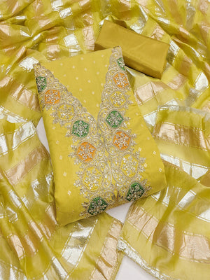 Stylish Lemon Yellow Butti Woven Chanderi Silk Dress Material With Sequin & Cording Embroidered Work - Image 1