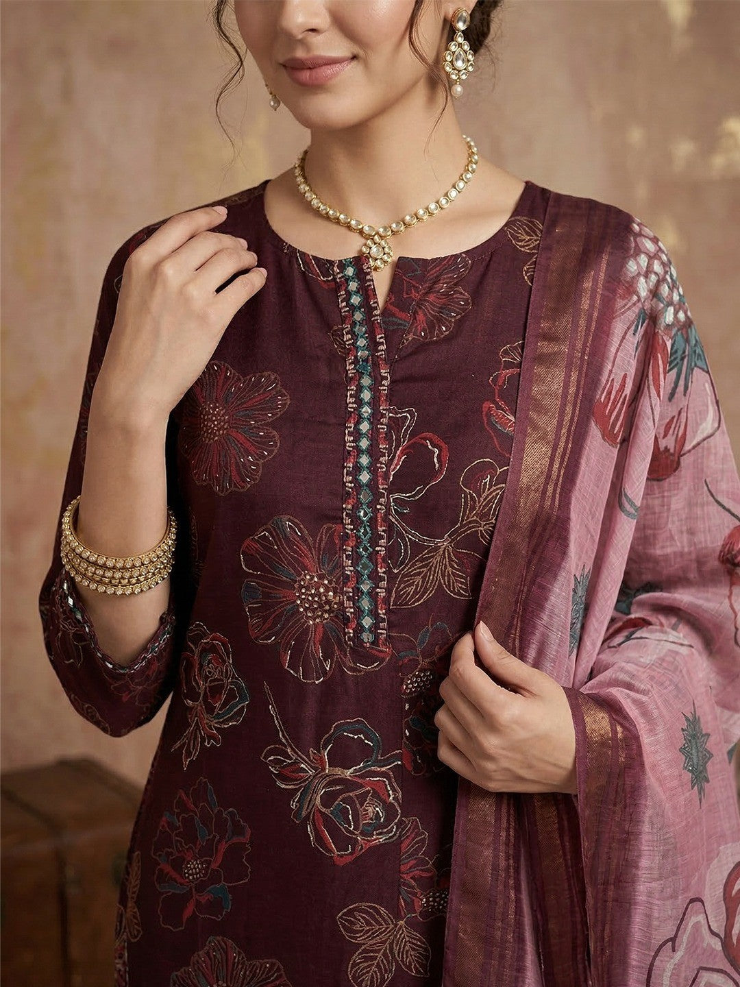 Wine Floral Printed Rayon Salwar Suit with Dupatta - Image 3