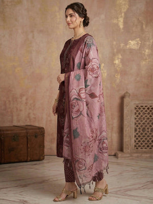 Wine Floral Printed Rayon Salwar Suit with Dupatta - Image 2