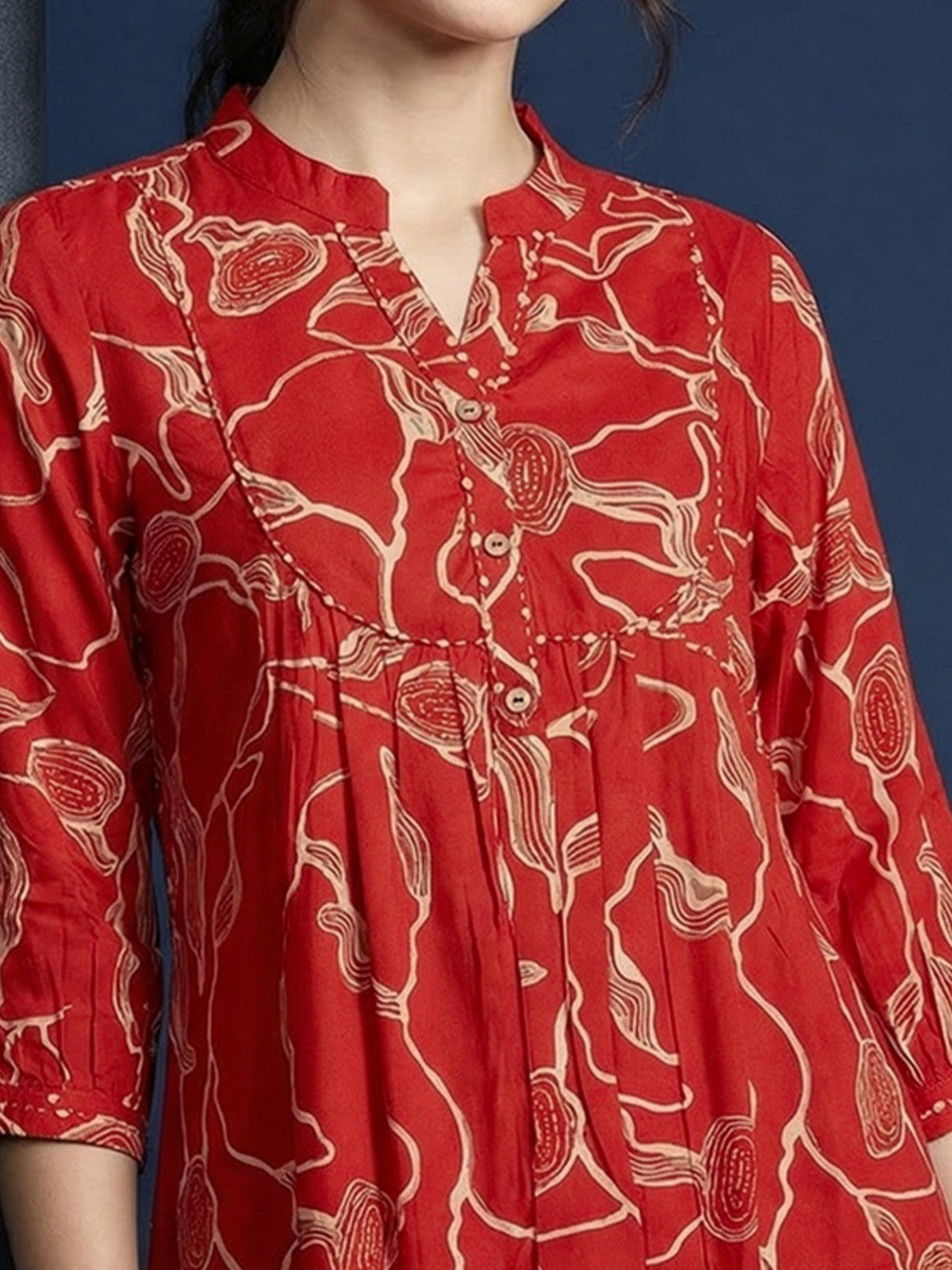 Rust Rayon Top with Abstract Print and Mandarin Collar - Image 2
