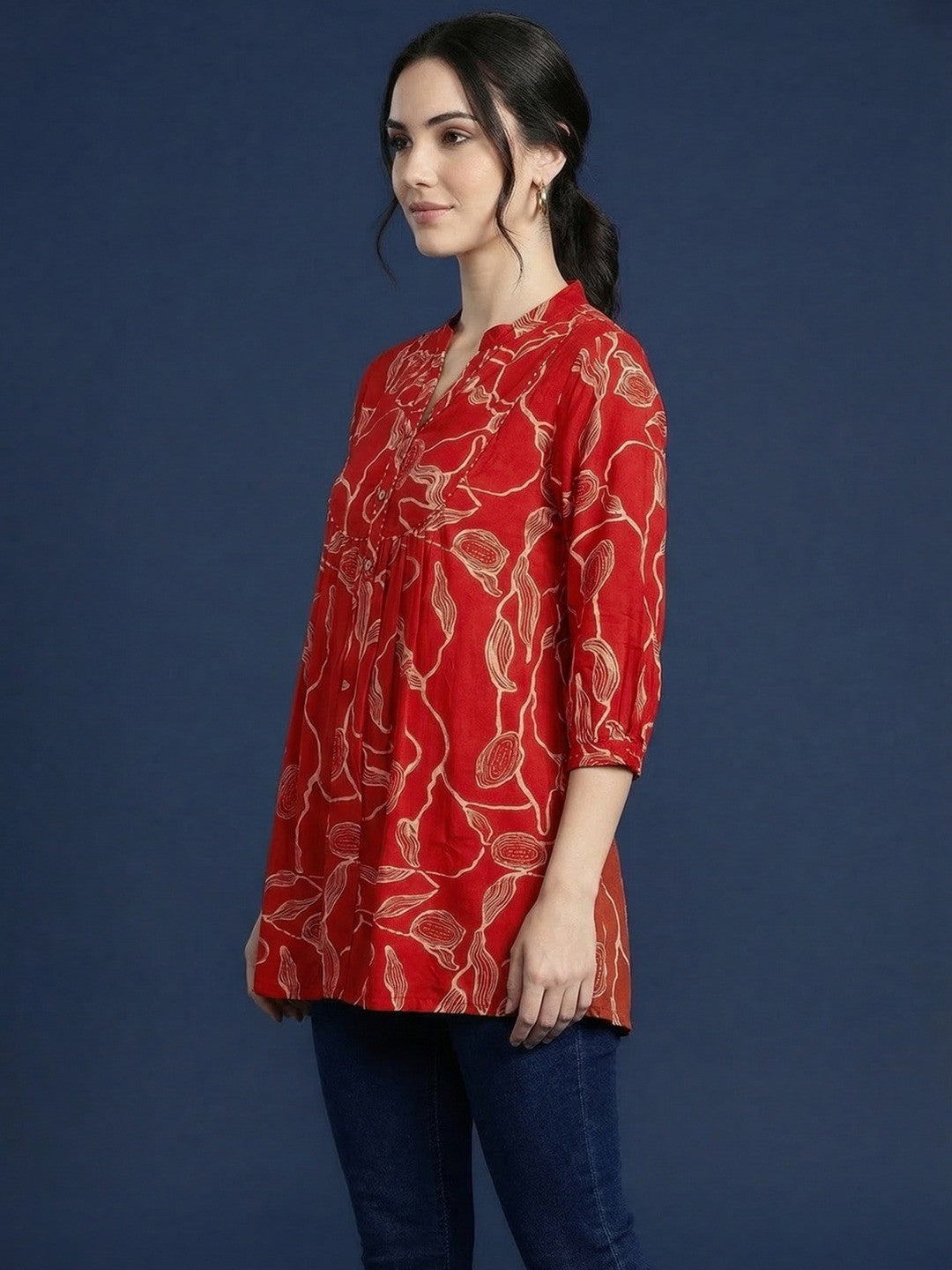 Rust Rayon Top with Abstract Print and Mandarin Collar - Image 3