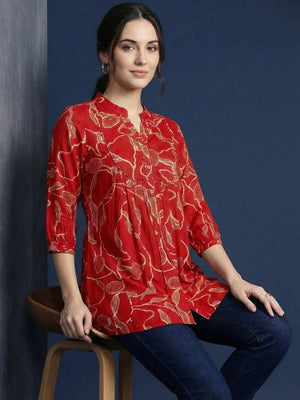 Rust Rayon Top with Abstract Print and Mandarin Collar - Image 2