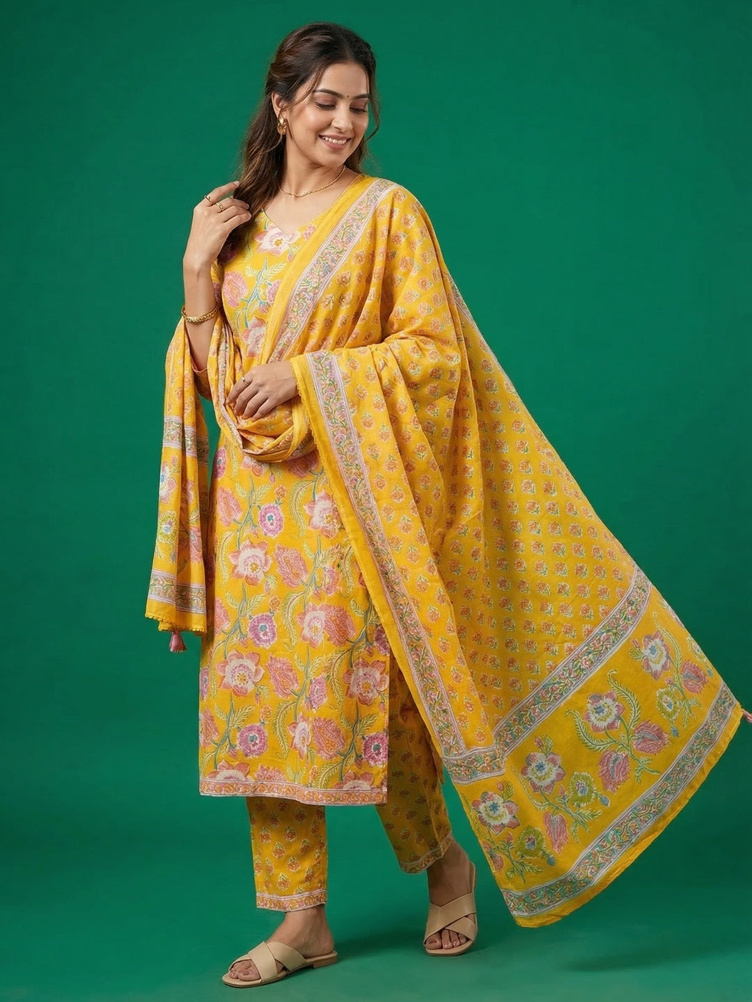 Yellow Floral Printed Cotton Salwar Suit with Dupatta - Image 1