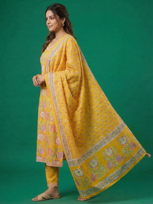Yellow Floral Printed Cotton Salwar Suit with Dupatta - Image 2