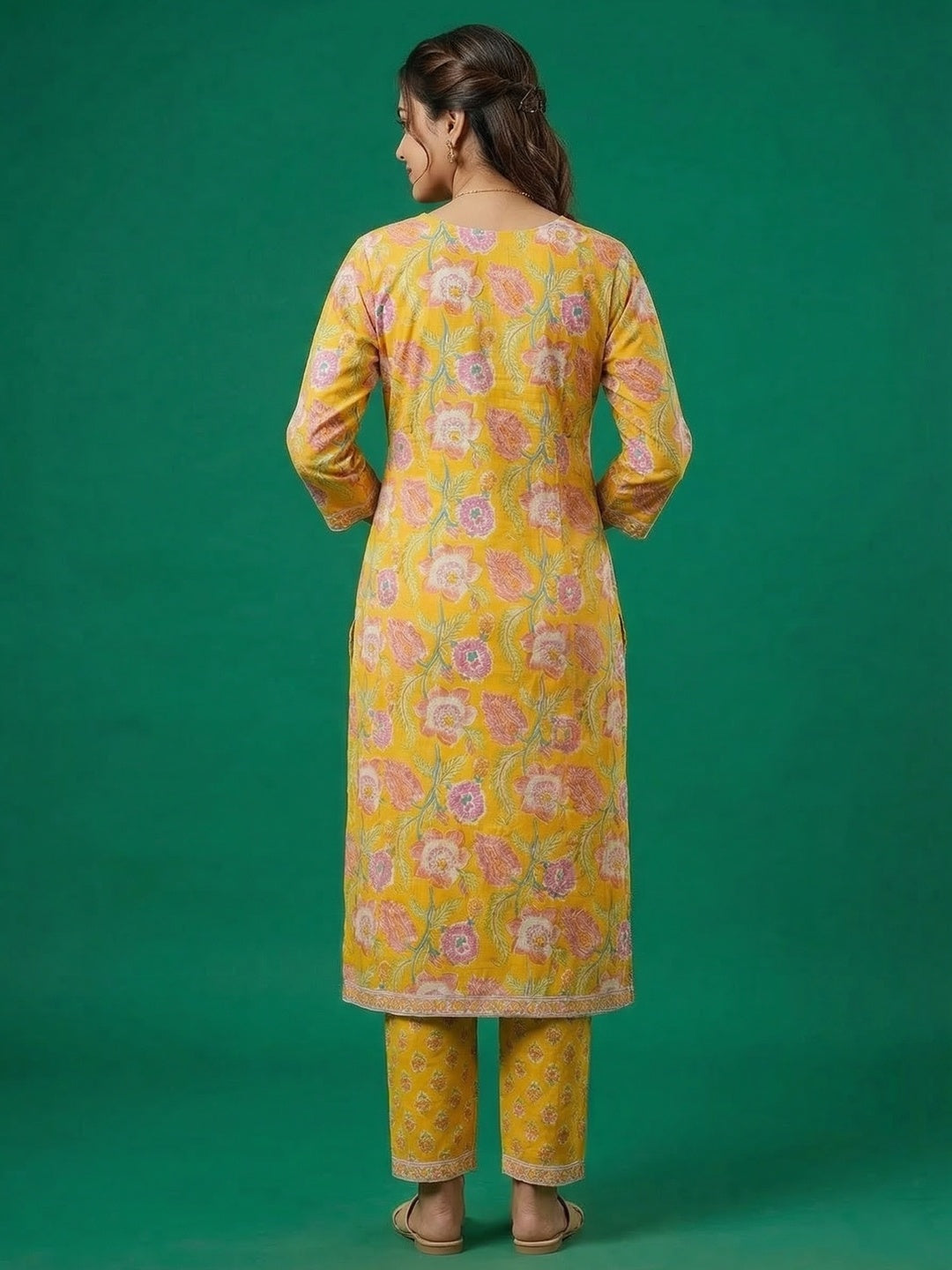 Yellow Floral Printed Cotton Salwar Suit with Dupatta - Image 3